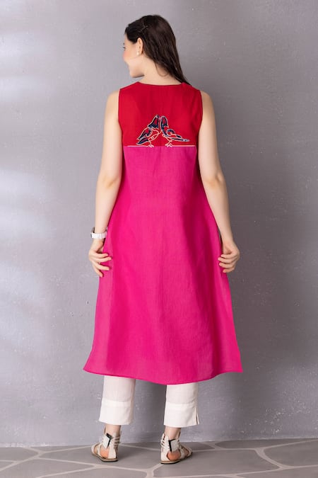 Shop Tanu Malhotra Pink Cotton, Linen Embroidery Keyhole Colour Block Straight Tunic And Pant Set at Aza Fashions Shop_Tanu Malhotra_Pink Cotton, Linen Embroidery Keyhole Colour Block Straight Tunic And Pant Set _at_Aza_Fashions
