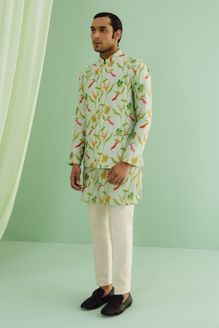 Shop Drishti & Zahabia Green Silk, Cotton Floral Print Bundi And Kurta Set at Aza Fashions Shop_Drishti & Zahabia_Green Silk, Cotton Floral Print Bundi And Kurta Set_at_Aza_Fashions