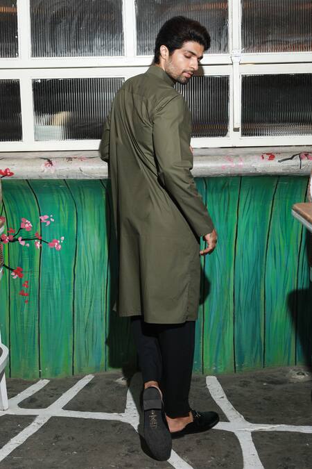 Shop Echke Green Cotton Chinese Collar Kurta Set at Aza Fashions Shop_Echke_Green Cotton Chinese Collar Kurta Set_at_Aza_Fashions