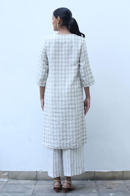 Shop_Linen Bloom_Beige 100% Linen Embroidery Thread Round Checkered Tunic _at_Aza_Fashions