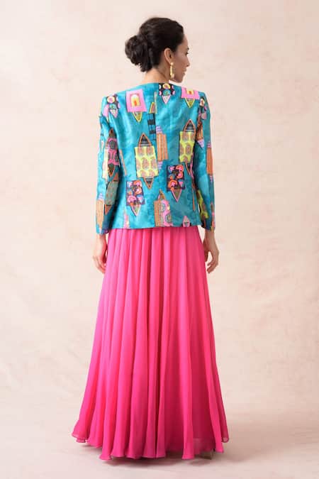 Shop Thetaa Sky Blue Chanderi , Sequins Printed Embroidered Jacket And Lehenga Set at Aza Fashions Shop_Thetaa_Sky Blue Chanderi , Sequins Printed Embroidered Jacket And Lehenga Set _at_Aza_Fashions