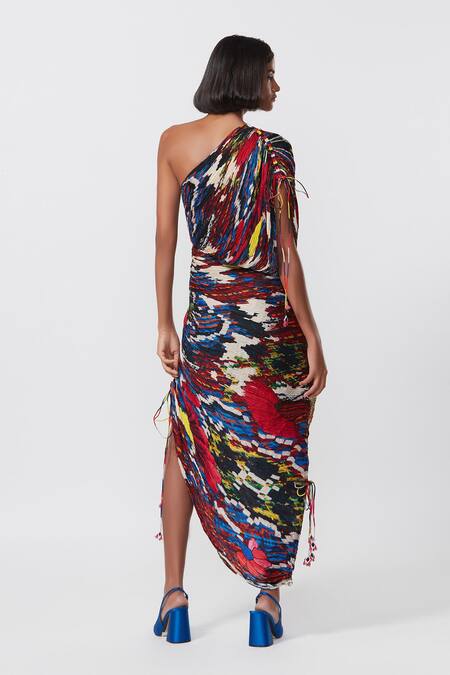 Shop_Saaksha & Kinni_Multi Color Cotton, Silk Lace One Shoulder Hand Micro Pleated Draped Dress _at_Aza_Fashions