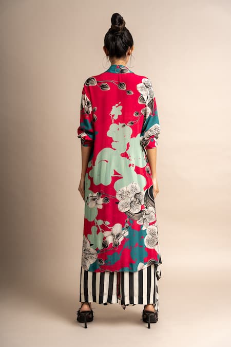 Shop_Nupur Kanoi_Magenta Crepe Digital Print Striped And Floral Long Shirt & Pyjama Set  _at_Aza_Fashions