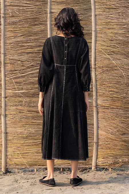 Shop Ayaka Black Corduroy Embroidery Round Neck Panelled Dress at Aza Fashions Shop_Ayaka_Black Corduroy Embroidery Round Neck Panelled Dress _at_Aza_Fashions