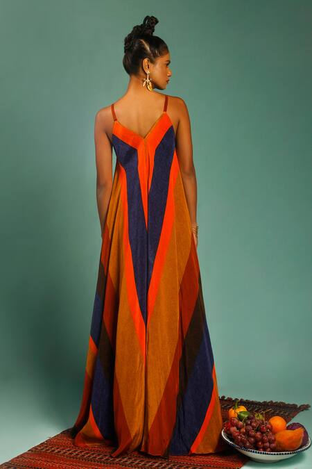 Shop Label Shristi Chetani Multi Color Natural Crepe Stripes V Neck Slip Gown at Aza Fashions Shop_Label Shristi Chetani_Multi Color Natural Crepe Stripes V Neck Slip Gown_at_Aza_Fashions