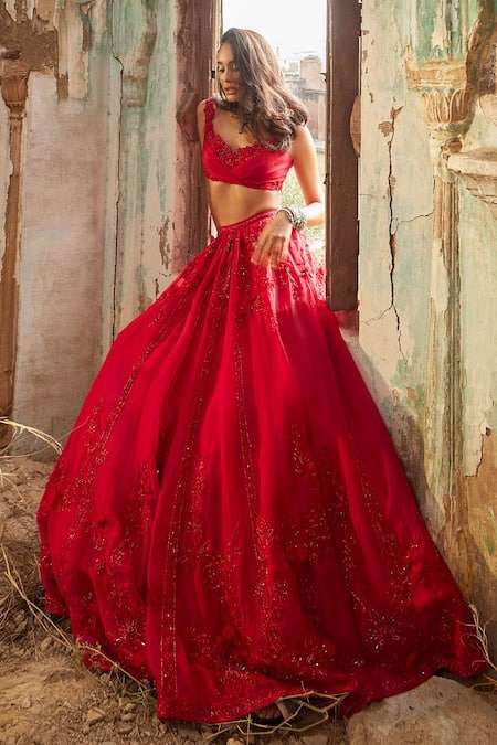 Shop Ridhi Mehra Red Net, Organza Sequins, Embroidery Zeeana Flower Bloom Bridal Lehenga Set at Aza Fashions Shop_Ridhi Mehra_Red Net, Organza Sequins, Embroidery Zeeana Flower Bloom Bridal Lehenga Set _at_Aza_Fashions