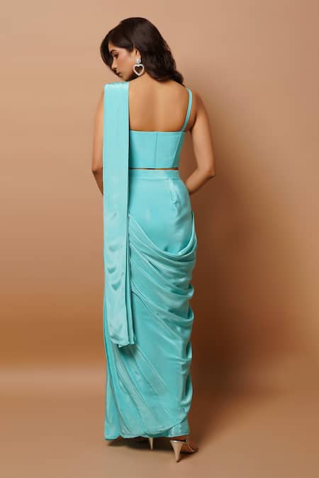 Shop Ahi Clothing Blue Hemp, Crepe Cut Work, Embroidery Pre-draped Kali Saree With Bustier at Aza Fashions Shop_Ahi Clothing_Blue Hemp, Crepe Cut Work, Embroidery Pre-draped Kali Saree With Bustier _at_Aza_Fashions