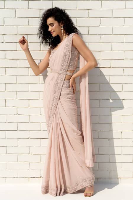Shop Talking Threads Pink Georgette Pearls, Crystals Sweetheart Neck Embroidered Saree With Blouse at Aza Fashions Shop_Talking Threads_Pink Georgette Pearls, Crystals Sweetheart Neck Embroidered Saree With Blouse _at_Aza_Fashions