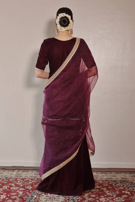Shop_Shrutkirti_Maroon Silk, Velvet Embroidery Scoop Neck Zoya Straight Hem Kurta Sharara Set _at_Aza_Fashions