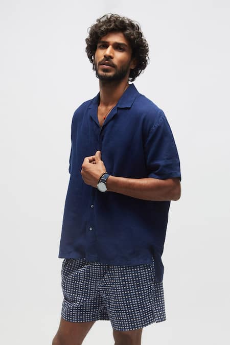 Shop Terra Luna Blue 100% Organic Handloom Oxford Cotton Moon Pattern Shorts at Aza Fashions Shop_Terra Luna_Blue 100% Organic Handloom Oxford Cotton Moon Pattern Shorts _at_Aza_Fashions