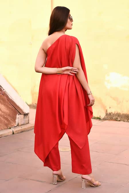 Gulaal Red Round Neck Hand Embroidered Kaftan And Pant Set Online at Aza Fashions Gulaal_Red Round Neck Hand Embroidered Kaftan And Pant Set _Online_at_Aza_Fashions