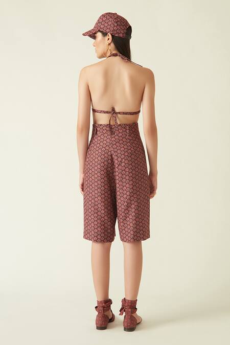 Shop Payal Pratap Red Cupro Muga Silk Printed Floral Galang Shorts at Aza Fashions Shop_Payal Pratap_Red Cupro Muga Silk Printed Floral Galang Shorts _at_Aza_Fashions