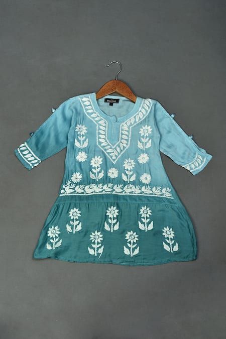 Shop_Maaikid_Blue Muslin Embroidery Ombre Chikankari Kurta And Sharara Set _at_Aza_Fashions