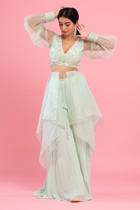 Shop PIRI INDIA Green Organza, Georgette Sequins, Pearls, Beads, Hand Top And Palazzo Set at Aza Fashions Shop_PIRI INDIA_Green Organza, Georgette Sequins, Pearls, Beads, Hand Top And Palazzo Set _at_Aza_Fashions