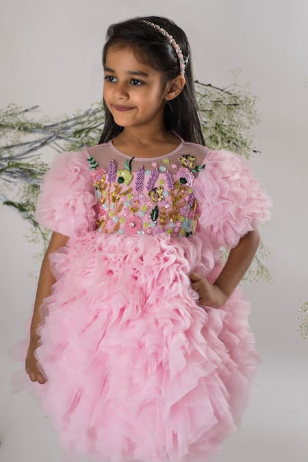Buy Pink Satin Printed Floral Ruffle Dress For Girls by Miakki Online at  Aza Fashions.