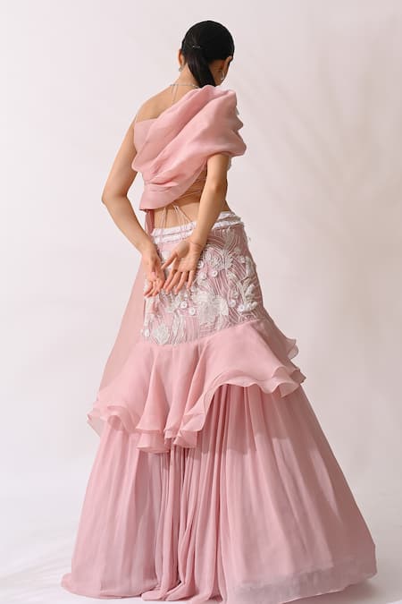 Shop PIRI INDIA Pink Organza, Georgette Embroidery Asymmetric Hand Blouse And Lehenga Set at Aza Fashions Shop_PIRI INDIA_Pink Organza, Georgette Embroidery Asymmetric Hand Blouse And Lehenga Set _at_Aza_Fashions