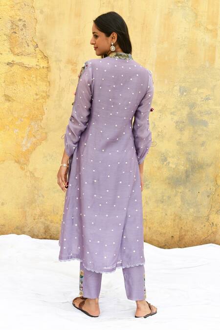 Shop_Label Niti Bothra_Purple Silk Embroidery V-neck Polka Dot Pattern V Kurta And Pant Set _at_Aza_Fashions