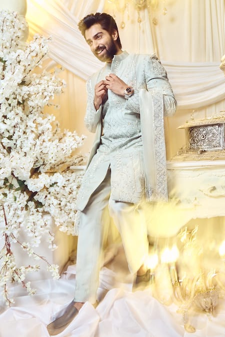Shop_Varun Chakkilam_Grey Twill Silk Embroidered Threadwork Glass Beads Sherwani Set  _at_Aza_Fashions