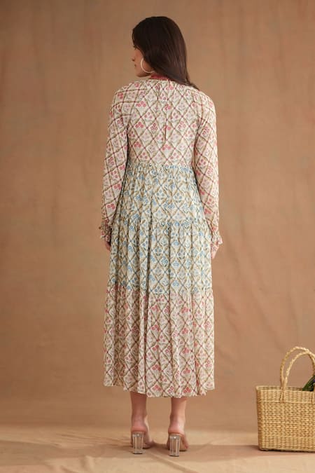 Nikasha Mughal Print Puff Sleeve Midi Dress 
