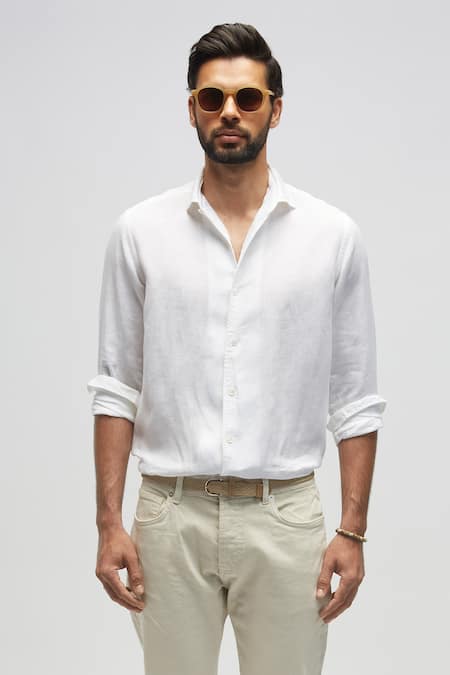 Shop Terra Luna White 100% Linen Spread Collar Solid Shirt at Aza Fashions Shop_Terra Luna_White 100% Linen Spread Collar Solid Shirt _at_Aza_Fashions