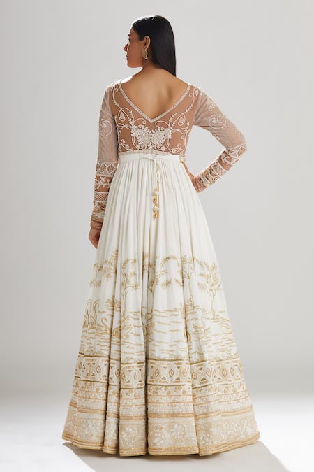 Shop Megha Bansal Ivory Tulle, Chiffon, Churidar Cotton Silk, Hans Embroidered Anarkali Set at Aza Fashions Shop_Megha Bansal_Ivory Tulle, Chiffon, Churidar Cotton Silk, Hans Embroidered Anarkali Set _at_Aza_Fashions