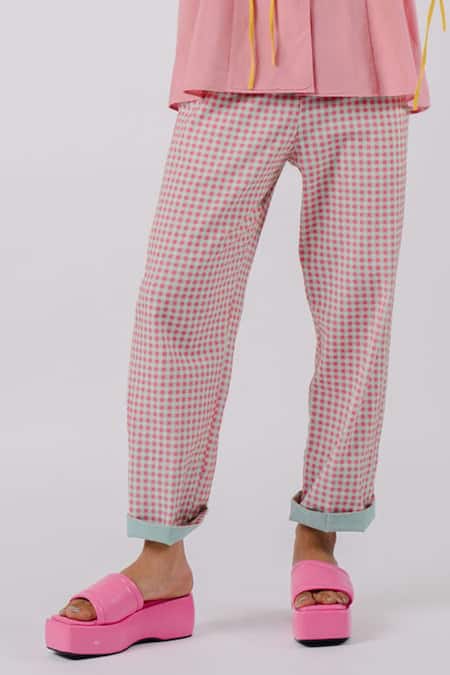 Shop Tussah By Siddhi Shah Pink Cotton Chequered Pant at Aza Fashions Shop_Tussah By Siddhi Shah_Pink Cotton Chequered Pant _at_Aza_Fashions
