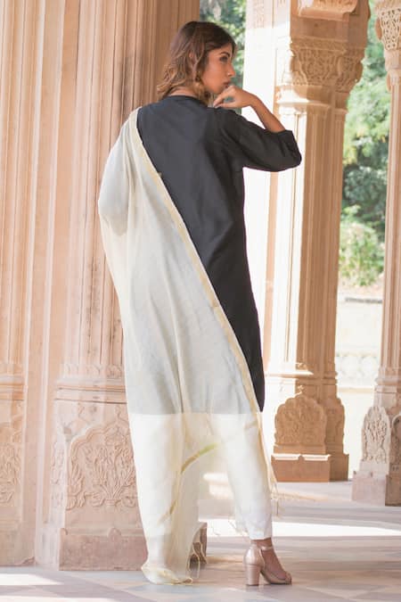 Shop The Home Affair Black Cotton, Silk Gota Patti Bandeau Neck, Scalloped Hem Jacket With Kurta Set at Aza Fashions Shop_The Home Affair_Black Cotton, Silk Gota Patti Bandeau Neck, Scalloped Hem Jacket With Kurta Set _at_Aza_Fashions
