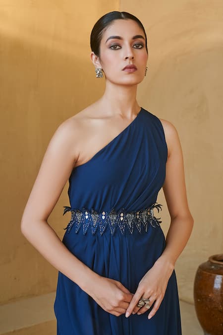 Shop Studio Radical Blue Georgette, Linen One Shoulder Gown With Slit at Aza Fashions Shop_Studio Radical_Blue Georgette, Linen One Shoulder Gown With Slit _at_Aza_Fashions