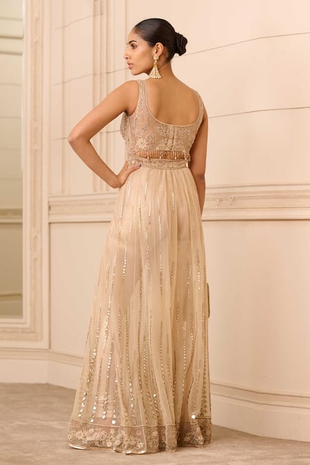 Shop Tarun Tahiliani Pink Tulle Embroidery Scoop Neck Floral Bodice Jumpsuit at Aza Fashions Shop_Tarun Tahiliani_Pink Tulle Embroidery Scoop Neck Floral Bodice Jumpsuit_at_Aza_Fashions