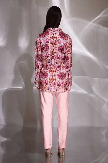 Shop Betrue Pink Satin, Silk Embroidery Collared Floral Print Shirt at Aza Fashions Shop_Betrue_Pink Satin, Silk Embroidery Collared Floral Print Shirt _at_Aza_Fashions