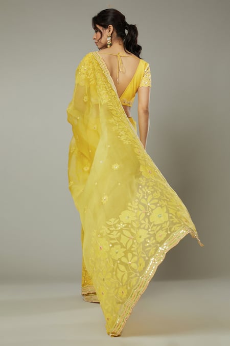 Shop I Am Design Yellow Silk Organza Floral Pattern, Sequins Mango Bite Candy Embroidered Saree at Aza Fashions Shop_I Am Design_Yellow Silk Organza Floral Pattern, Sequins Mango Bite Candy Embroidered Saree _at_Aza_Fashions