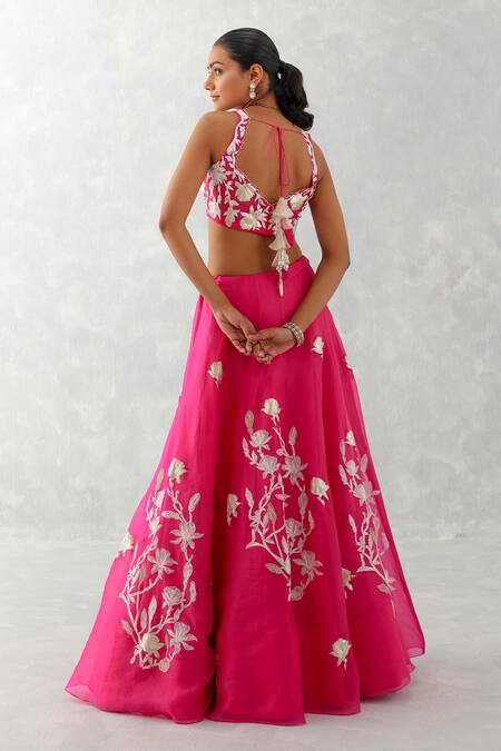 Shop_Devnaagri_Fuchsia Silk Organza Embroidery Thread V Neck Floral Bloom Lehenga Set _at_Aza_Fashions