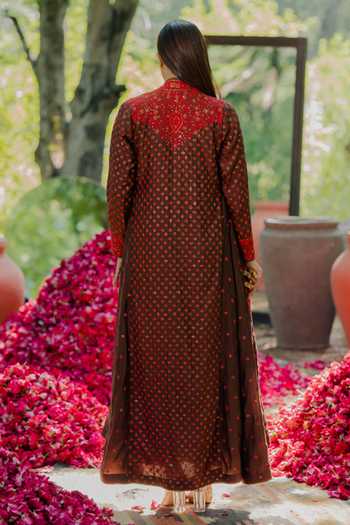 Shop Pooja-Keyur Red Silk Embroidery V-neck Floral Print Overlay Jacket at Aza Fashions Shop_Pooja-Keyur_Red Silk Embroidery V-neck Floral Print Overlay Jacket_at_Aza_Fashions