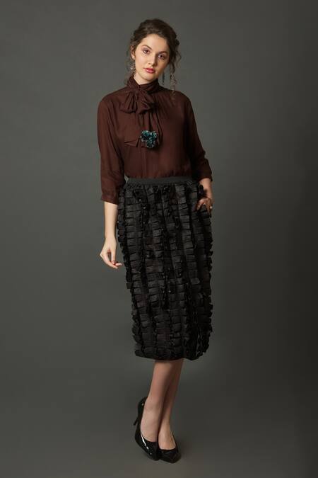 Shop House Of Behram Brown Silk, Viscose Neck Tie Up Top at Aza Fashions Shop_House Of Behram_Brown Silk, Viscose Neck Tie Up Top _at_Aza_Fashions