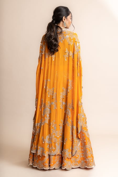 Shop_Nupur Kanoi_Orange Crepe, Satin, Lycra, Canvas Embroidery, Mirror Work Cape Lehenga Set _at_Aza_Fashions