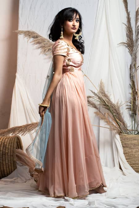 Shop_Kanj By Priyanka A Sakhuja_Peach Georgette Embroidered Gota Work Plunge V Neck Ziya Anarkali With Dupatta _at_Aza_Fashions