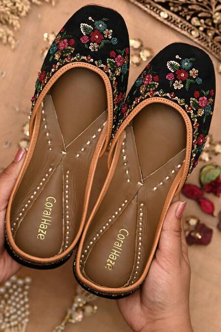 Shop_Coral Haze_Black Shay Velvet Embroidered Juttis_at_Aza_Fashions