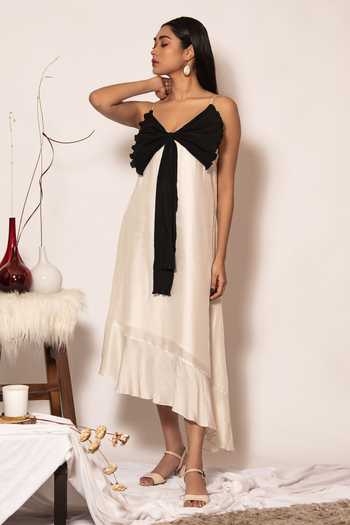 Vanshika Agarwal Label Black Bamberg Silk, Lining Taffeta, Yoyo Crepe Ella Front Bow Asymmetric Dress 2