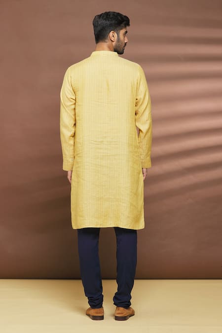 Shop Linen Bloom Yellow 100% Linen Thread Work Stripe Pattern Kurta at Aza Fashions Shop_Linen Bloom_Yellow 100% Linen Thread Work Stripe Pattern Kurta _at_Aza_Fashions