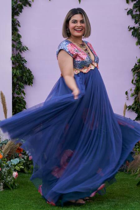 Shop Pooja Bagaria Blue Net, Spandex Embroidery V-neck Sequin Embellished Yoke Gown at Aza Fashions Shop_Pooja Bagaria_Blue Net, Spandex Embroidery V-neck Sequin Embellished Yoke Gown_at_Aza_Fashions