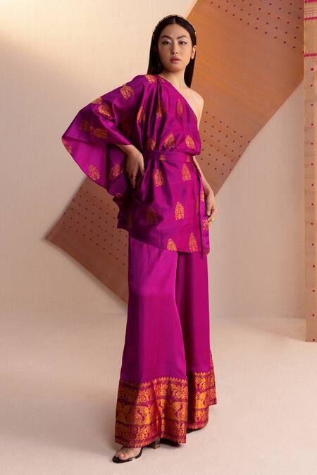 Shop Joskai Studio Pink Silk, Satin Zari, Embroidery One Shoulder Kaftan And Pant Set at Aza Fashions Shop_Joskai Studio_Pink Silk, Satin Zari, Embroidery One Shoulder Kaftan And Pant Set_at_Aza_Fashions