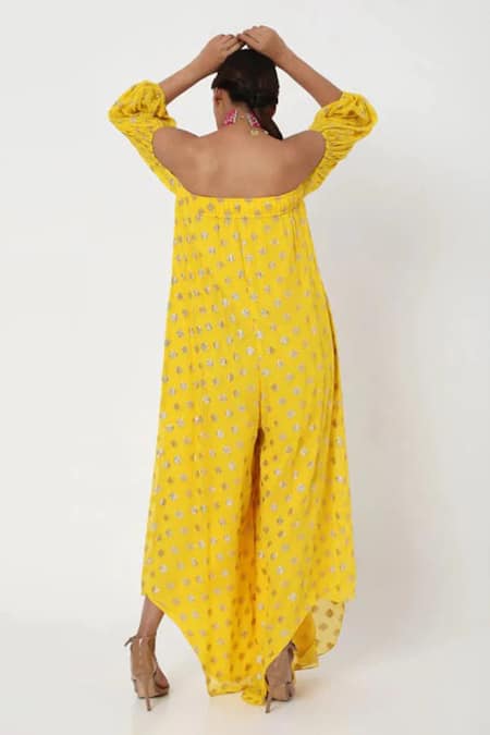 Shop Style Junkiie Yellow Georgette Tassels, Embroidery Off-shoulder Off Sleeve Buti Jumpsuit at Aza Fashions Shop_Style Junkiie_Yellow Georgette Tassels, Embroidery Off-shoulder Off Sleeve Buti Jumpsuit _at_Aza_Fashions