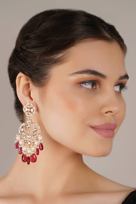 ChhavI'S Jewels_Red Pearls Stone And Kundan Embellished Chandbalis_Online_at_Aza_Fashions