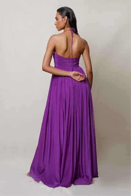 Shop Pinup By Astha Purple Crepe Halter Neck Gown at Aza Fashions Shop_Pinup By Astha_Purple Crepe Halter Neck Gown _at_Aza_Fashions