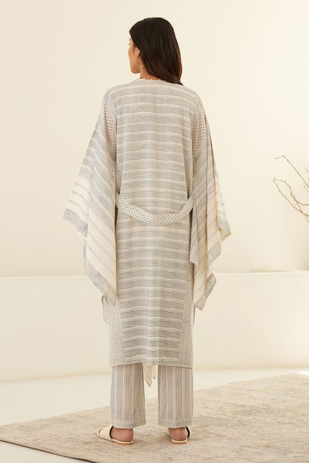 Shop Cotton And Clay White Chanderi, Modal Embroidery Stripe Hand Block Print Kimono Top Trouser Set at Aza Fashions Shop_Cotton And Clay_White Chanderi, Modal Embroidery Stripe Hand Block Print Kimono Top Trouser Set _at_Aza_Fashions