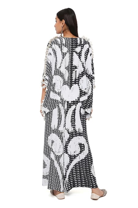 PS Pret By Payal Singhal_Black Crepe Printed Uzbek Notched Kaftan And Palazzo Set _Online_at_Aza_Fashions