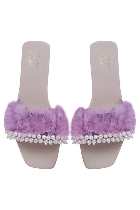 Buy Purple Embellished Faux Feather Sliders by Adorn My Wish