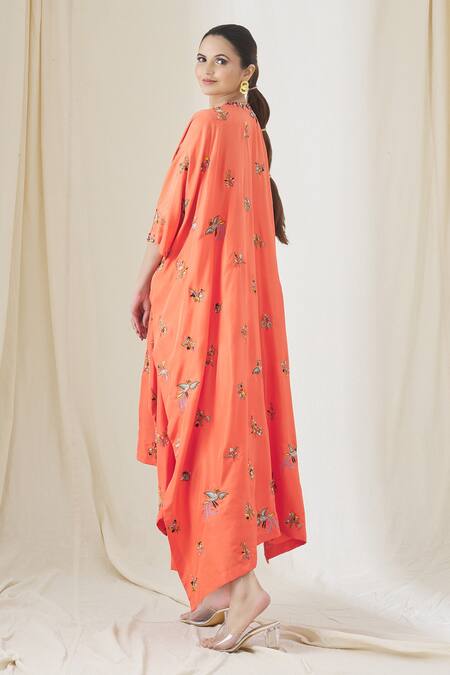 Shop Anamika Khanna Coral Embroidered Tunic And Draped Skirt Set at Aza Fashions Shop_Anamika Khanna_Coral Embroidered Tunic And Draped Skirt Set_at_Aza_Fashions