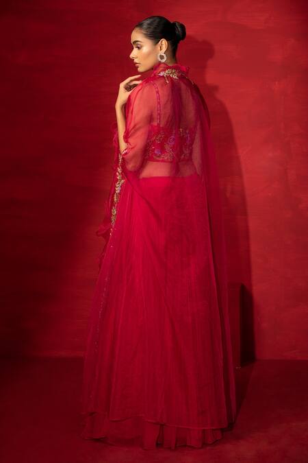 Miku Kumar Red Net, Tissue, Georgette Thread, Sequin And Cut Dana Embroidered Lehenga Set Online at Aza Fashions Miku Kumar_Red Net, Tissue, Georgette Thread, Sequin And Cut Dana Embroidered Lehenga Set_Online_at_Aza_Fashions