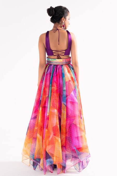 Shop_Cedar & Pine_Multi Color Organza, Satin Beads Kaleidoscope Print Skirt And Pleated Blouse Set_at_Aza_Fashions
